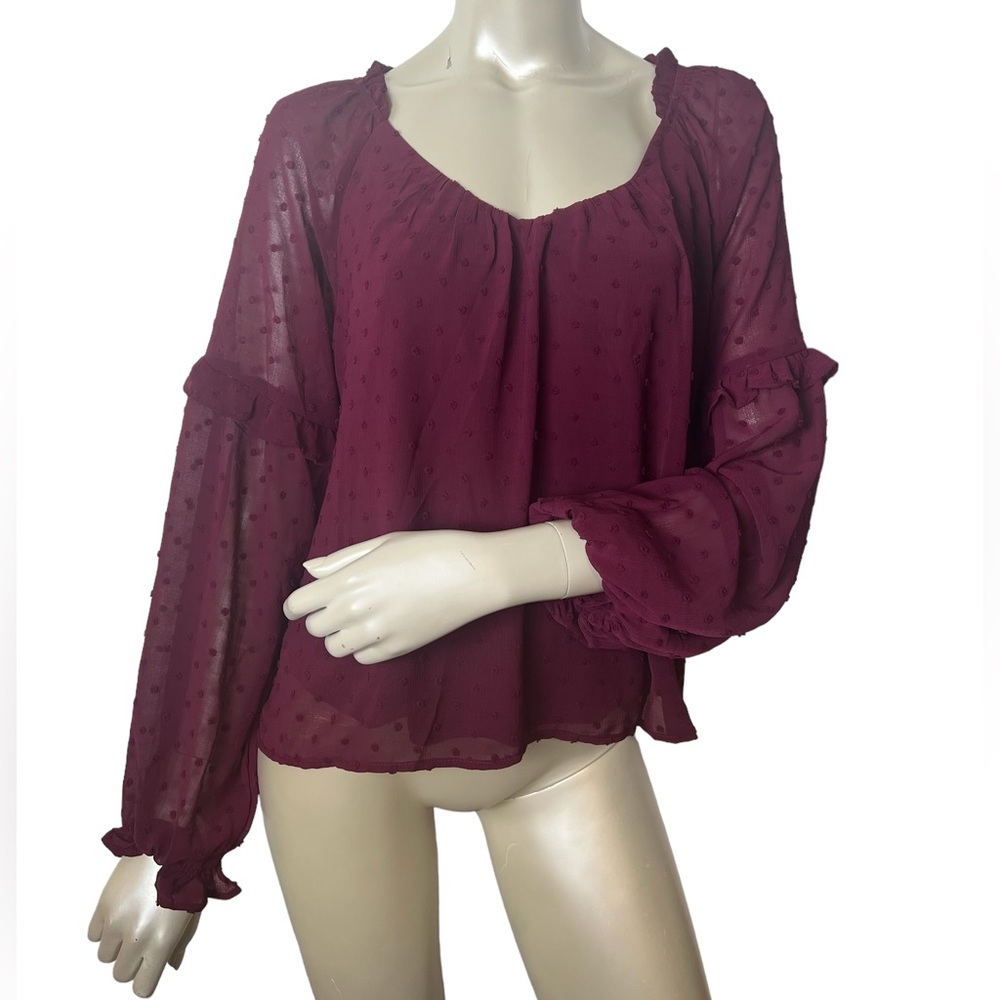 LUSH brand Burgundy Swiss dot Sweetheart neck Long Sheer Sleeve Blouse Top